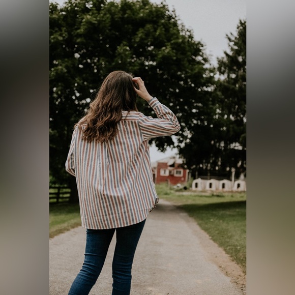 Sézane Max Shirt in Blue Ecru Burgundy Stripes FR 42 / US 10 - Picture 9 of 16